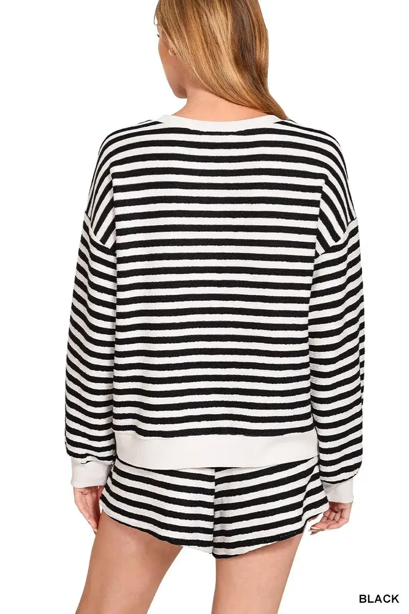 Zenana Striped Long Sleeve Top and Shorts Set - Long Sleeve Top and Shorts Set