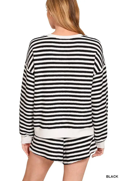 Zenana Striped Long Sleeve Top and Shorts Set - Long Sleeve Top and Shorts Set