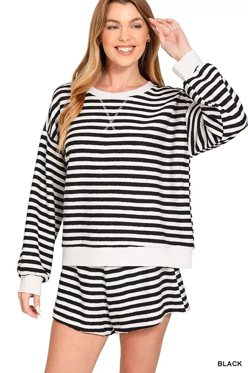 Zenana Striped Long Sleeve Top and Shorts Set - BLACK / S - Long Sleeve Top and Shorts Set