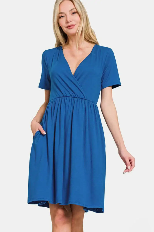 Zenana Surplice Short Sleeve Brushed DTY Dress - Classic Blue / S