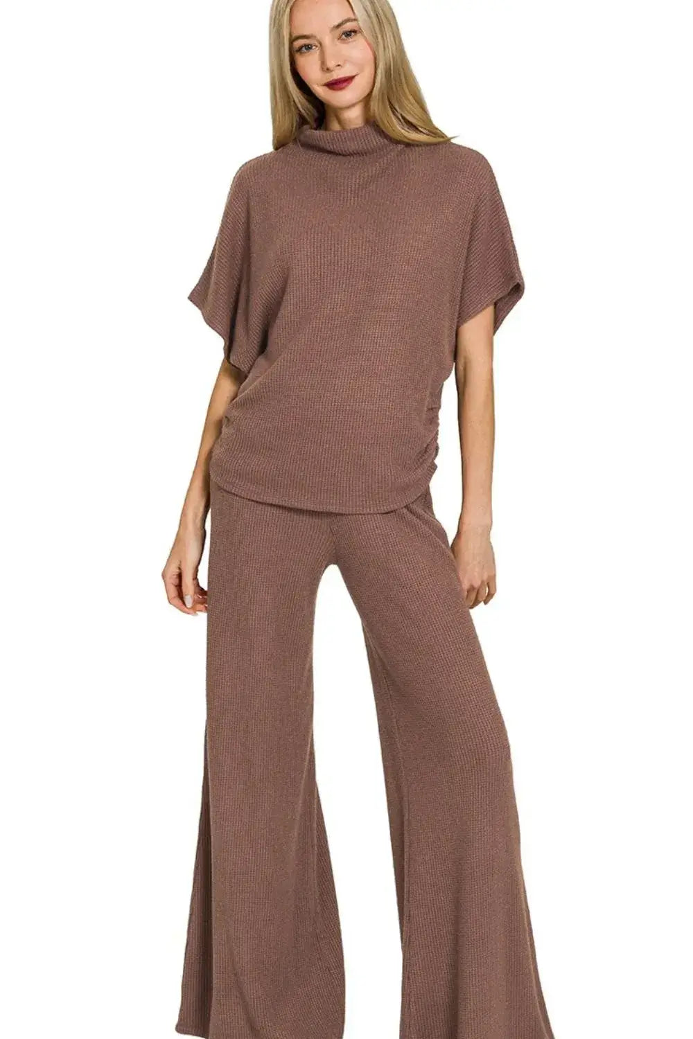 Zenana Sweater Mock Neck Top & Long Pants Set - BROWN / S - Top & Long Pants Set