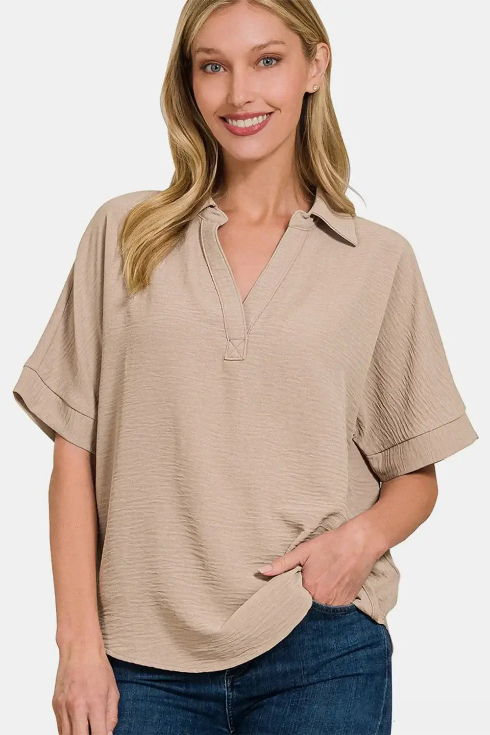 Zenana Texture Collared Neck Short Sleeve Top - Ash Mocha / S - Short Sleeve Top