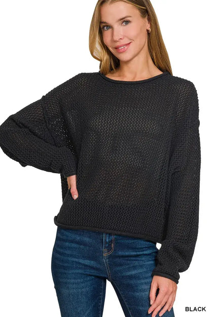 Zenana Textured Drop Shoulder Knit Top - BLACK / S