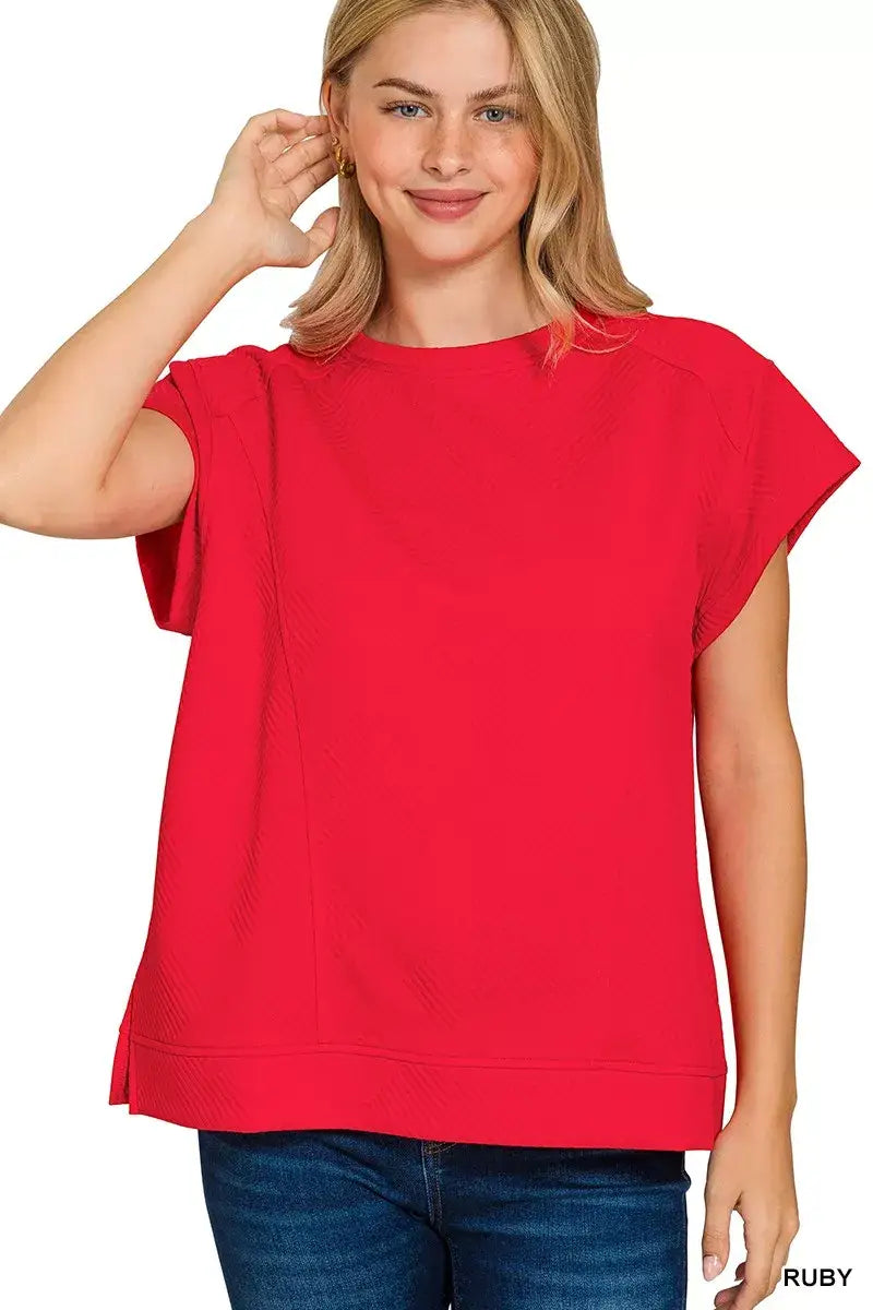 Zenana Textured Knit Jacquard Short Sleeve Top - RUBY / S - Short Sleeve Top