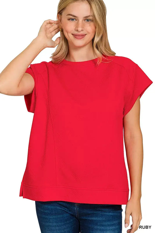 Zenana Textured Knit Jacquard Short Sleeve Top - RUBY / S - Short Sleeve Top