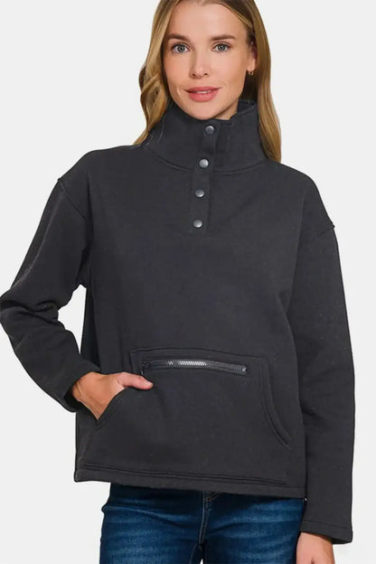 Zenana Turtleneck Half Snap Fleece Sweatshirt - Black / S