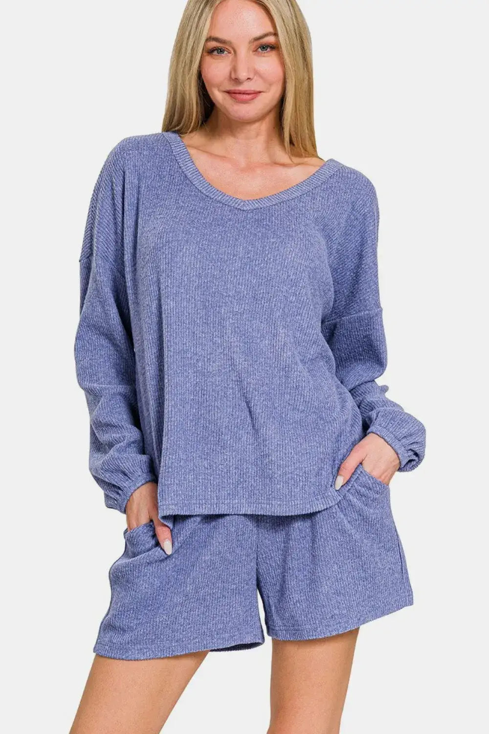 Zenana V-Neck Long Sleeve Ribbed Top and Shorts Set - Blue Purple / S