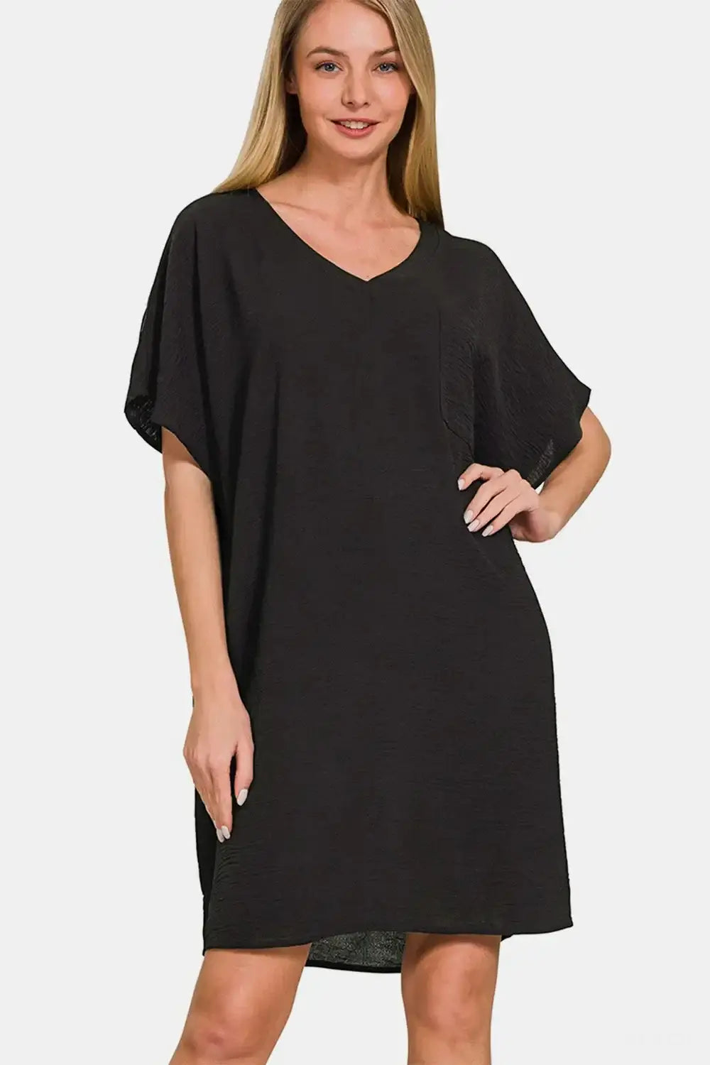 Zenana V-Neck Tee Dress with Pockets - Black / S