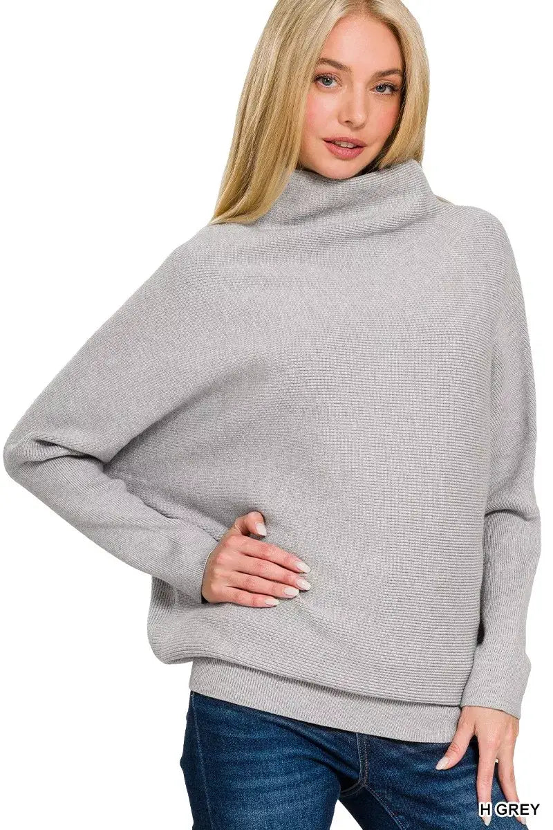 Zenana Viscose Dolman Sleeve Mock Neck Sweater - H GREY / S