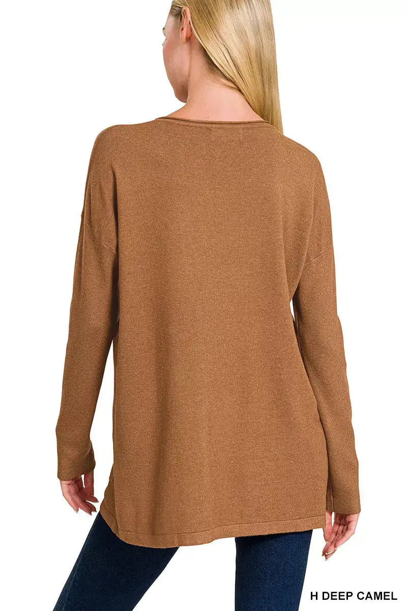 Zenana Viscose Long Sleeve Front Pockets Sweater - Sleeve Front Pockets Sweater