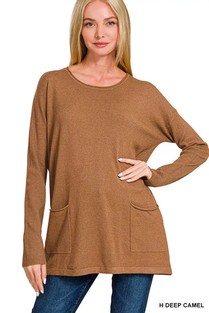 Zenana Viscose Long Sleeve Front Pockets Sweater - H DEEP CAMEL / S/M - Sleeve Front Pockets Sweater
