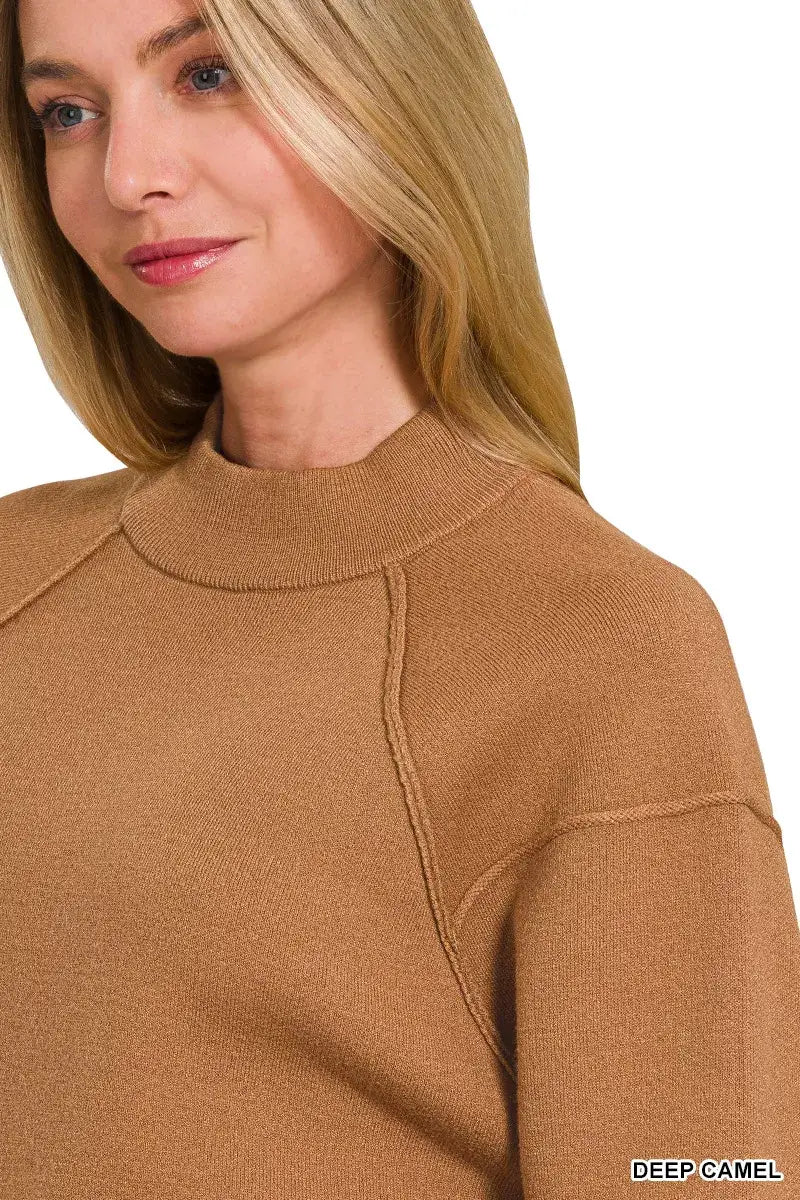 Zenana Viscose Mock Neck Exposed Seam Sweater - Neck Exposed Seam Sweater