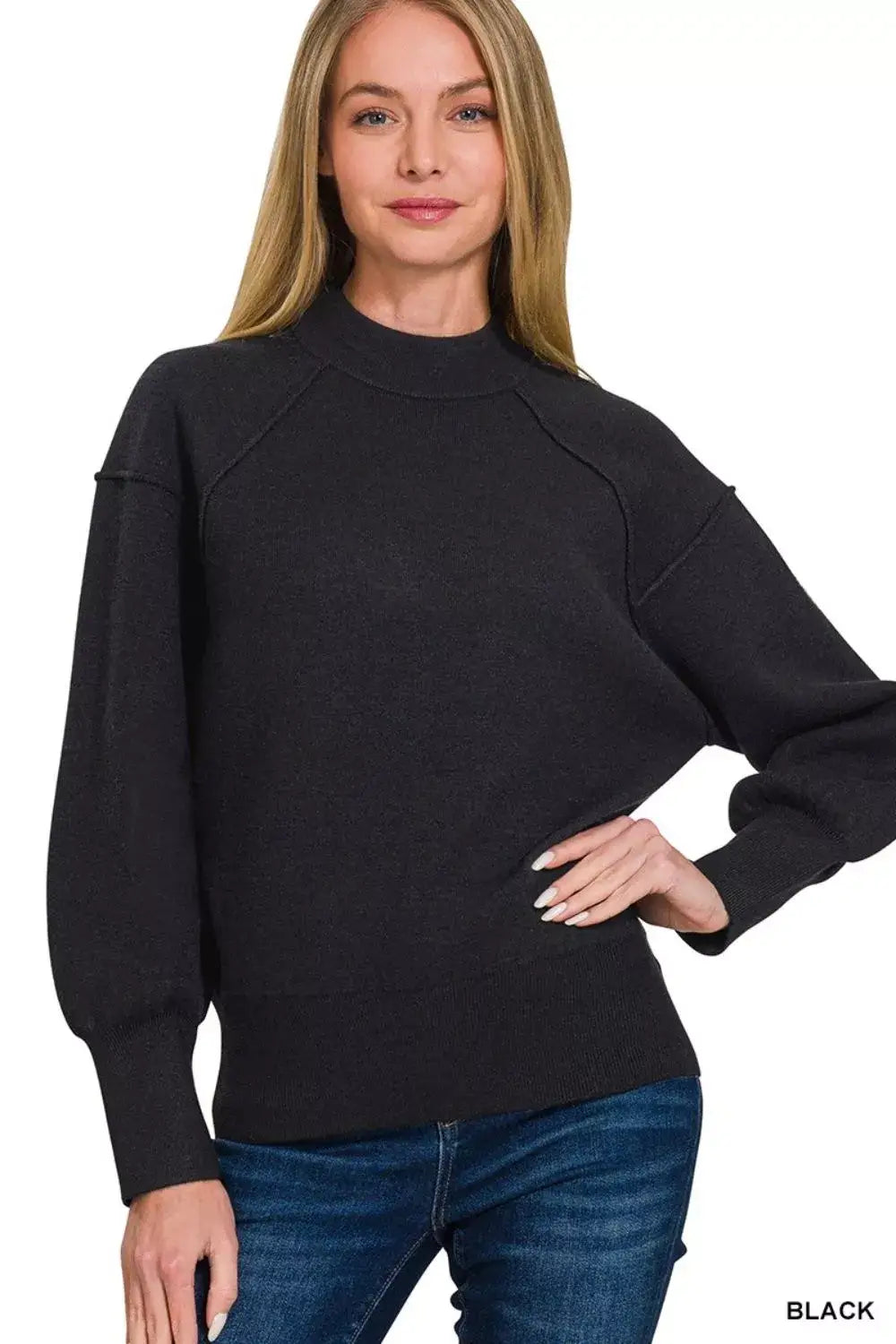 Zenana Viscose Mock Neck Exposed Seam Sweater - BLACK / S