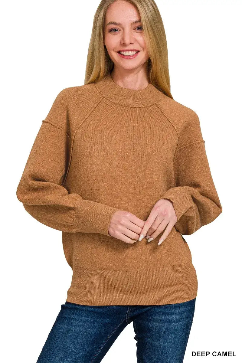Zenana Viscose Mock Neck Exposed Seam Sweater - DEEP CAMEL / S - Neck Exposed Seam Sweater