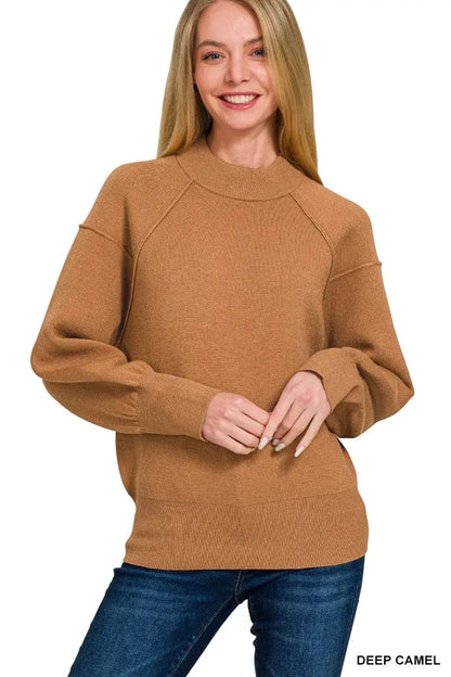 Zenana Viscose Mock Neck Exposed Seam Sweater - DEEP CAMEL / S - Neck Exposed Seam Sweater