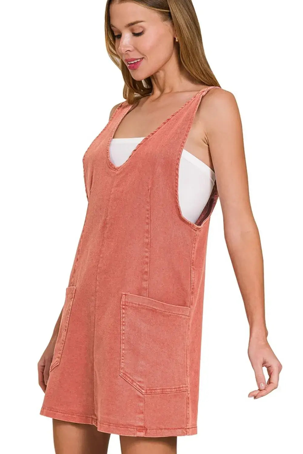 Coral corduroy sleeveless dress with pockets and button-down front, Zenana washed adjustable strap denim overall dress