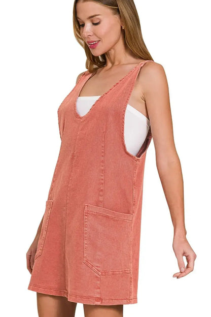 Coral corduroy sleeveless dress with pockets and button-down front, Zenana washed adjustable strap denim overall dress