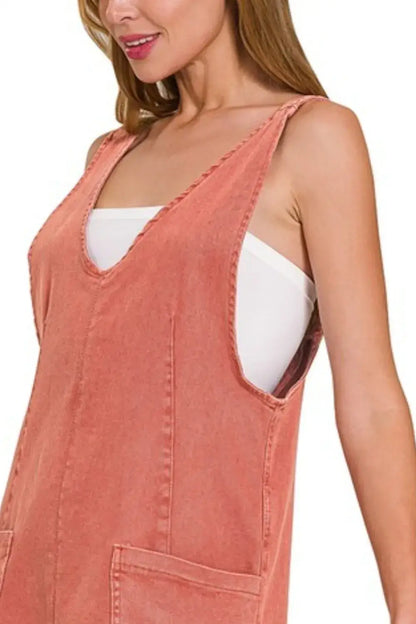 Coral corduroy sleeveless dress with pockets and button details, Zenana washed adjustable strap denim overall dress