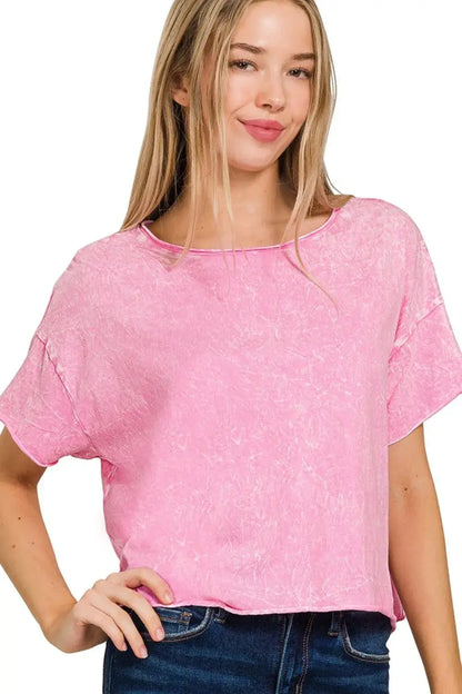 Pink acid wash tie-dye crop box tee with short sleeves and relaxed fit