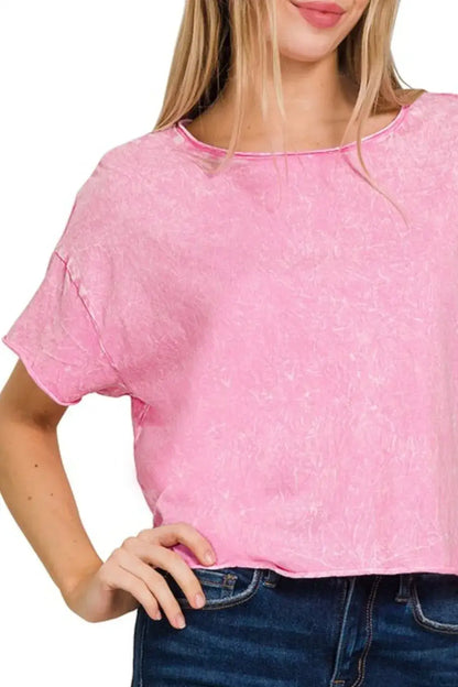 Pink acid wash tie-dye crop box tee with ruffled hem and round neckline