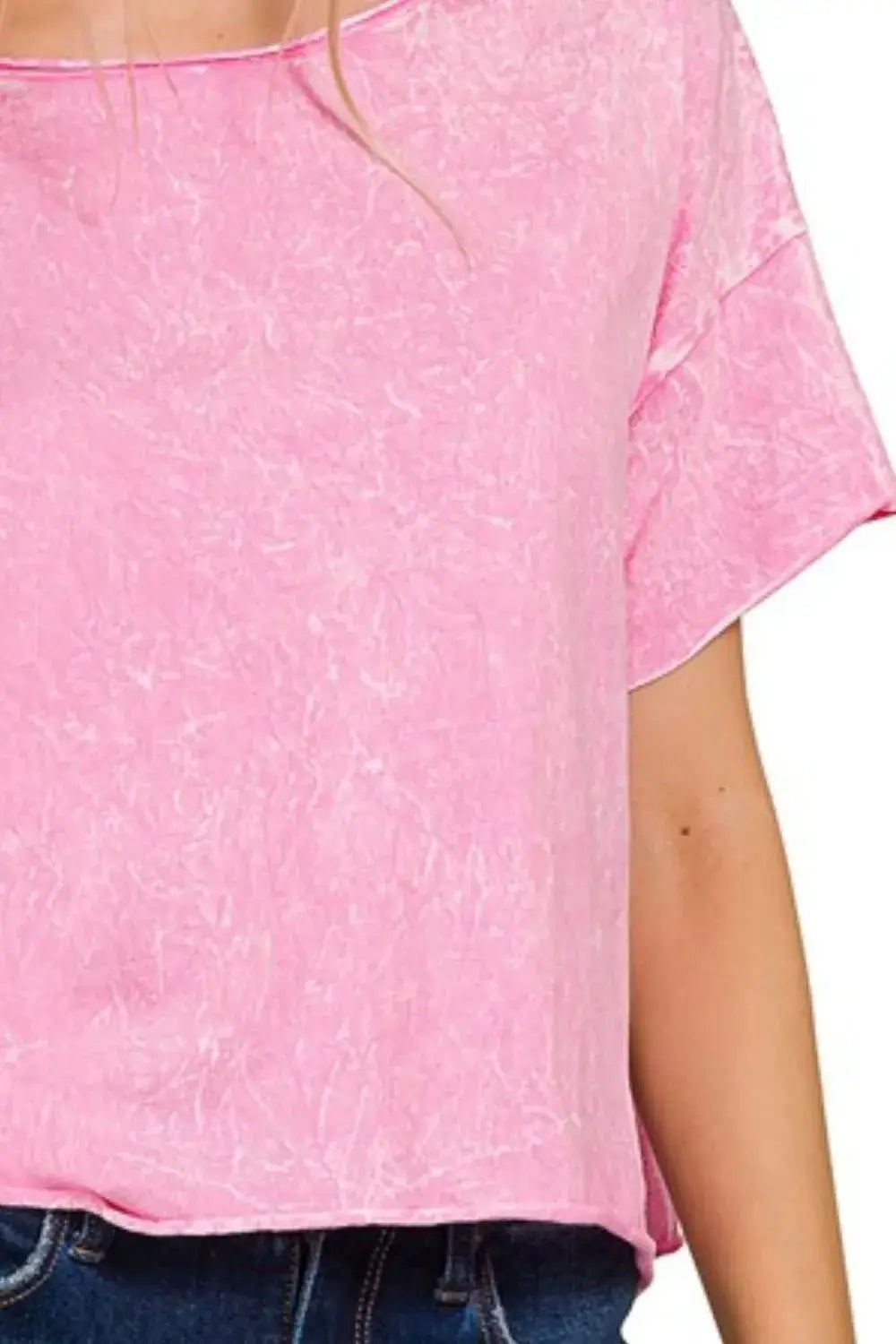 Pink acid wash crop box tee with rolled sleeves and relaxed fit from Zenana