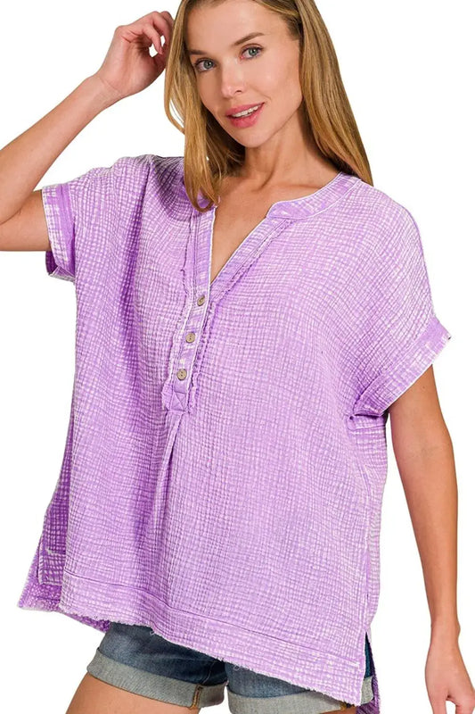 Lavender plaid washed double gauze henley neck short-sleeved blouse with button-down front