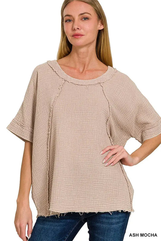 Ash mocha textured blouse with exposed seam, double gauze fabric, and short sleeves