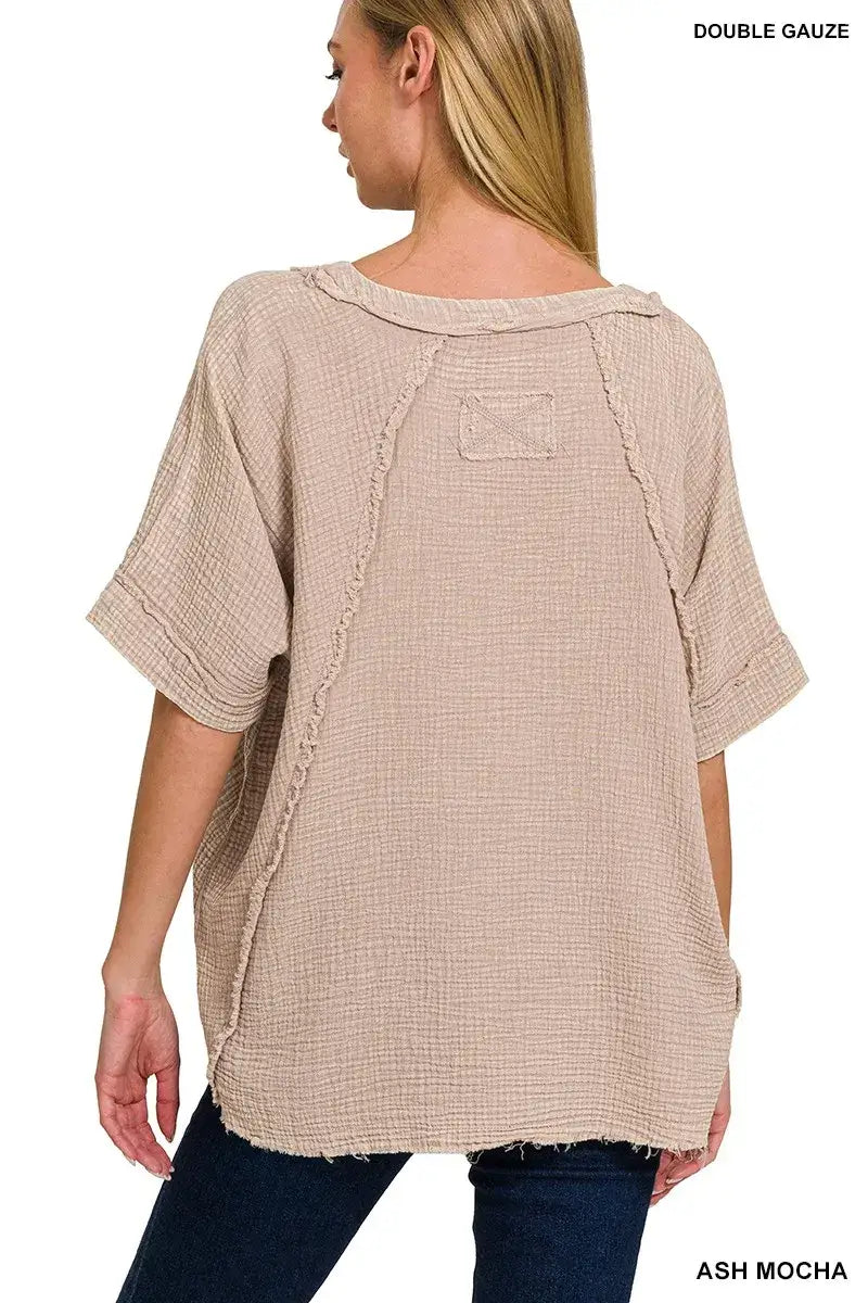 Ash mocha Zenana washed double gauze short sleeve blouse with exposed seam and pocket