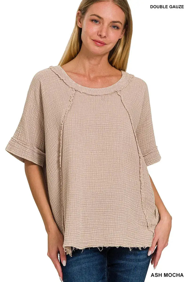 Ash mocha Zenana washed double gauze short sleeve blouse with scalloped neckline and exposed seam