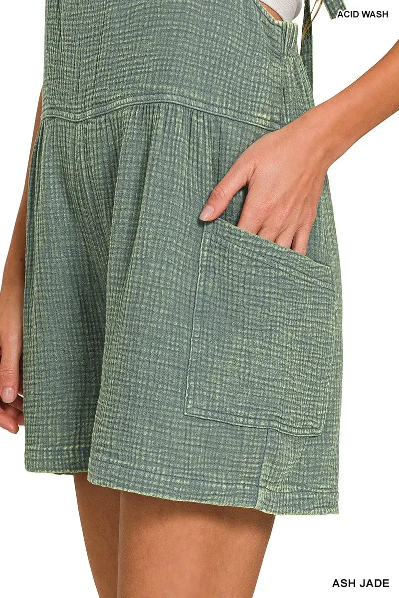 Zenana Washed Double Gauze Tie Back Rompers
