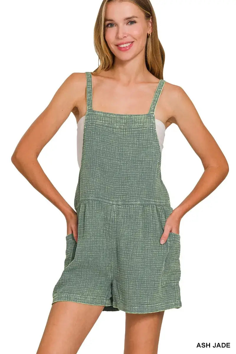 Zenana Washed Double Gauze Tie Back Rompers - ASH JADE / S