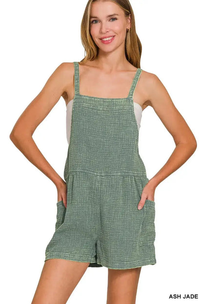 Zenana Washed Double Gauze Tie Back Rompers - ASH JADE / S