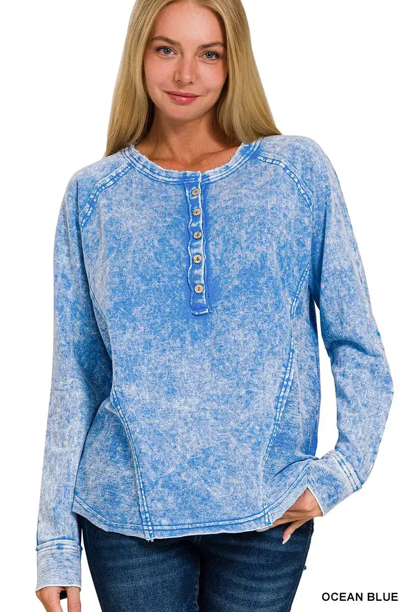 Zenana Washed French Terry Half Button Top - OCEAN BLUE / S - Terry Half Button Top