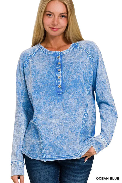 Zenana Washed French Terry Half Button Top - OCEAN BLUE / S - Terry Half Button Top