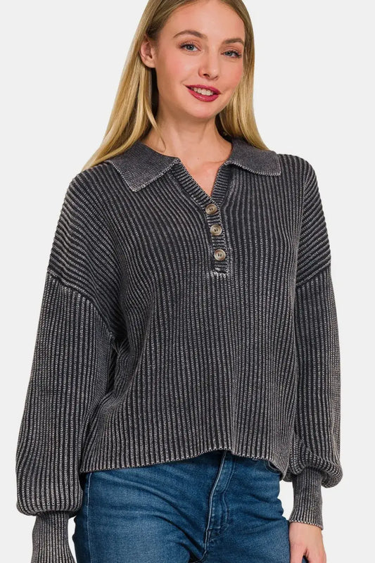 Zenana Washed Half Button Long Sleeve Sweater - Black / S