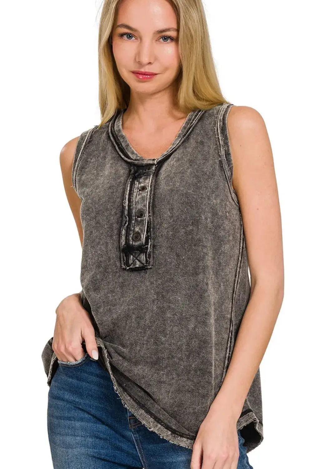 Charcoal gray sleeveless Henley top with raw edge hem and decorative neckline detail