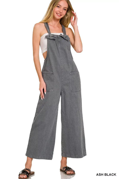 Zenana Washed Knot Strap Pockets Jumpsuit - Jumpsuit
