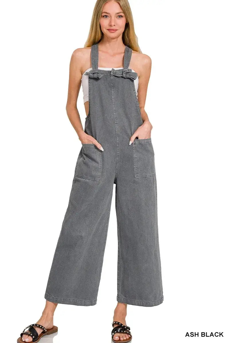Zenana Washed Knot Strap Pockets Jumpsuit - ASH BLACK / S - Jumpsuit
