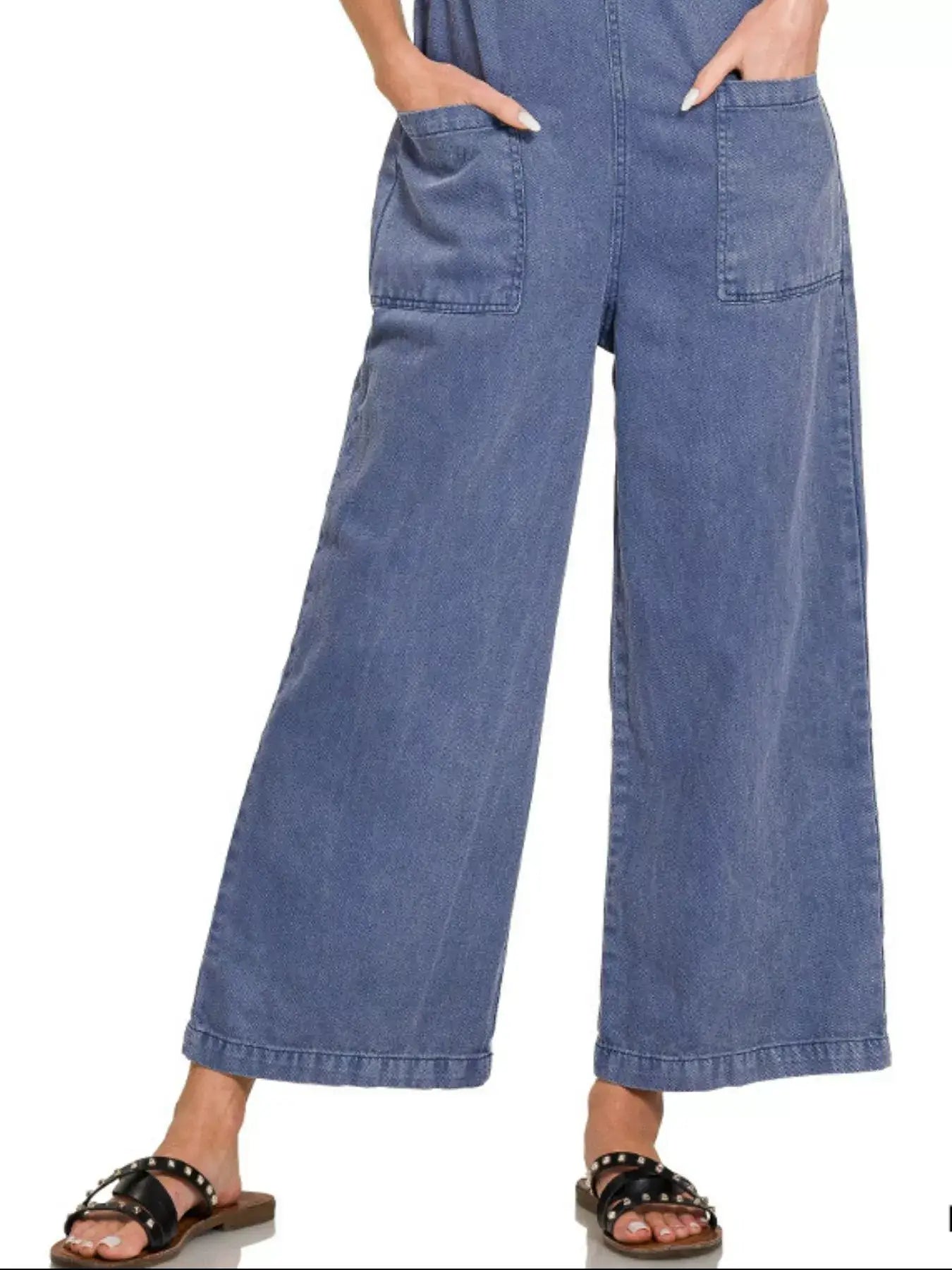 Zenana Washed Knot Strap Pockets Jumpsuit - BLACKBERRY / S