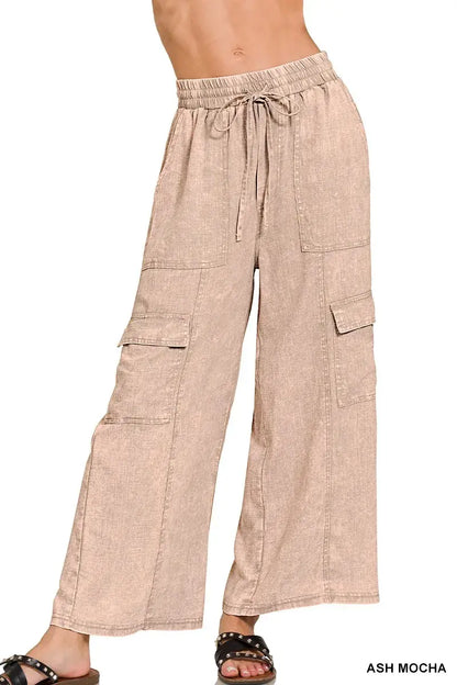 Zenana Washed Linen Elastic Band Waist Cargo Pants - ASH MOCHA / S - Cargo Flared Pants
