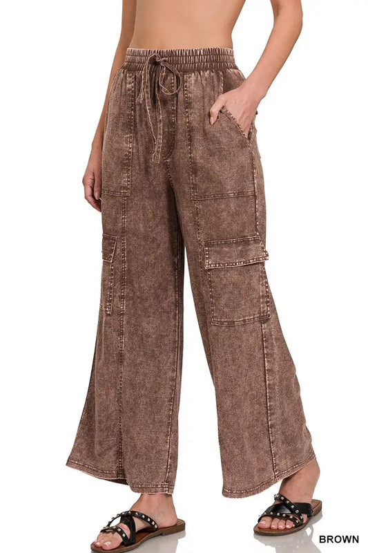Zenana Washed Linen Elastic Band Waist Cargo Pants - BROWN / S - Waist Cargo Pants