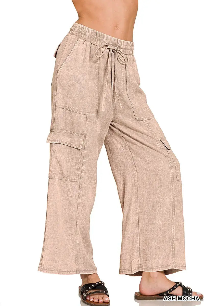 Zenana Washed Linen Elastic Band Waist Cargo Pants - Cargo Flared Pants
