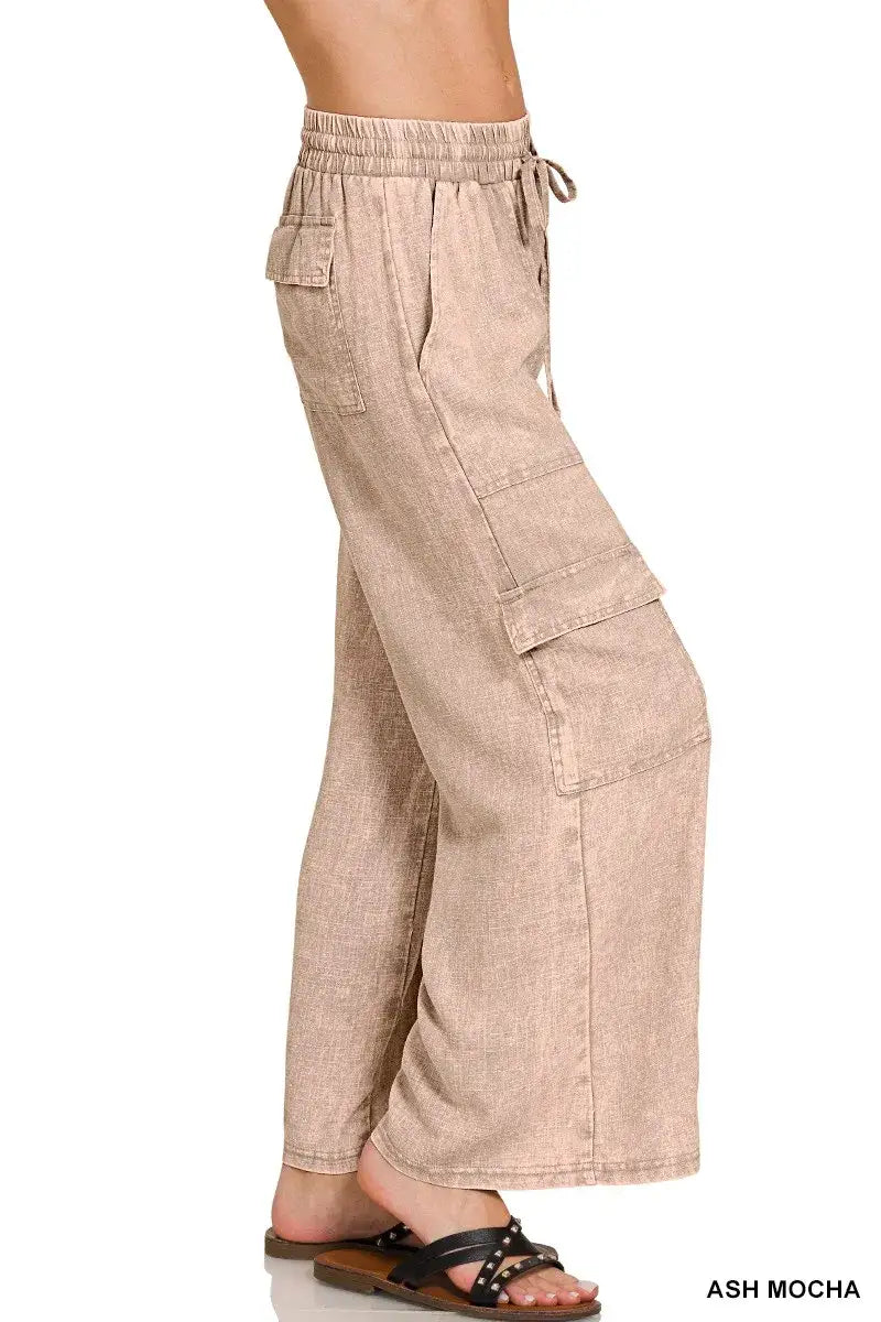 Zenana Washed Linen Elastic Band Waist Cargo Pants - Cargo Flared Pants