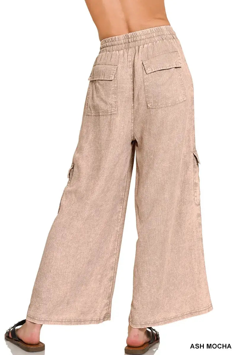 Zenana Washed Linen Elastic Band Waist Cargo Pants - Cargo Flared Pants