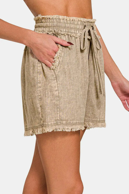 Beige washed linen frayed hem paperbag waist skirt with lace detail and tie belt