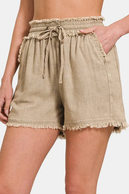 Khaki washed linen frayed hem drawstring shorts with pocket detail and frayed hem