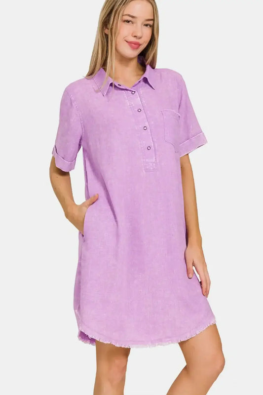 Lavender Zenana washed linen raw hem dress with pockets and rolled sleeves