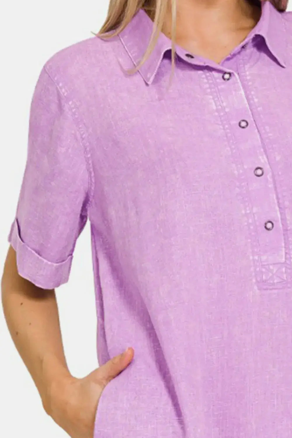 Lavender linen raw hem polo shirt with rolled sleeves and pocket detail