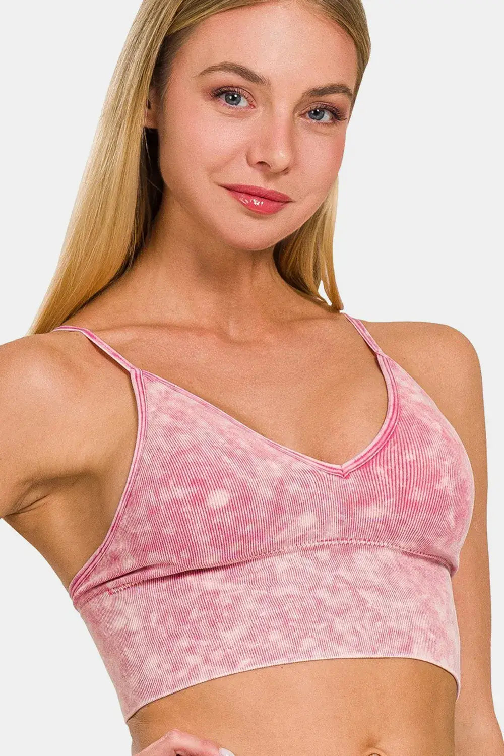 Zenana Washed Ribbed Bra Padded Cami - Ash Pink / S/M