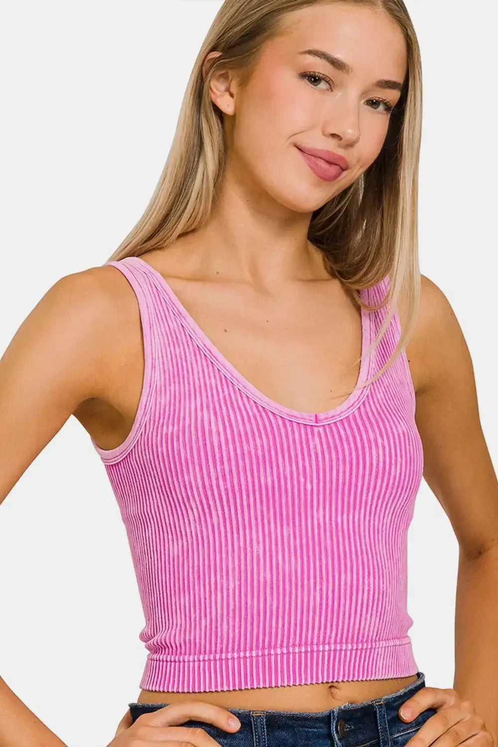 Zenana Washed Ribbed Cropped Tank - BRIGHTMAUVE / S/M